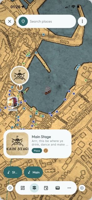 Brixham Pirate Festival map view in the Mapzest app, showing stages, traders and points of interest around Brixham Harbour