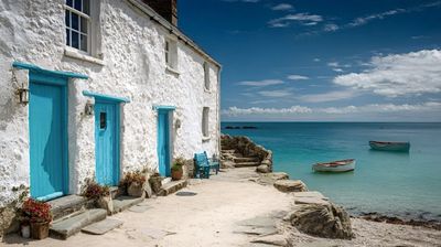 Whitewashed seaside cottage with blue doors overlooking a cove