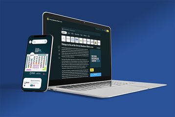 A show's interactive floor plan on a phone in the Mapzest app, alongside its Mapzest Discover guide on a laptop