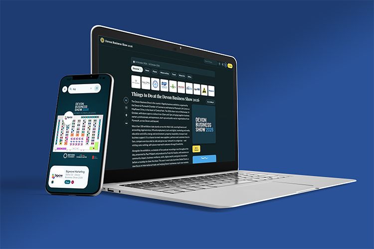 The Devon Business Show 2026 on Mapzest - the interactive floor plan on a phone and the show's guide on a laptop
