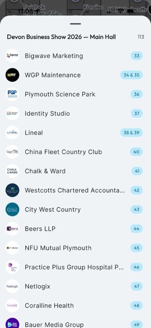The Devon Business Show 2026 Main Hall exhibitor list in Mapzest, sorted by stand number with each exhibitor's logo
