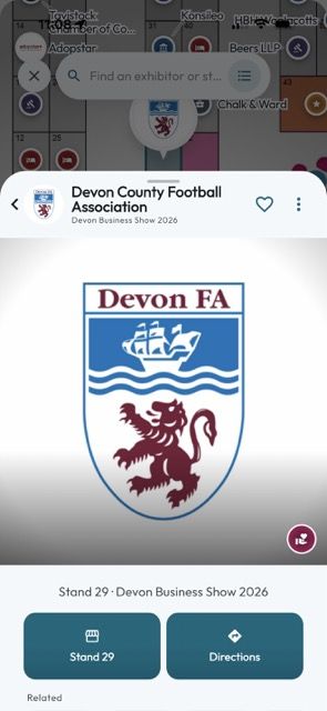 The Devon County Football Association exhibitor page in Mapzest showing Stand 29, a Stand button and a Directions button