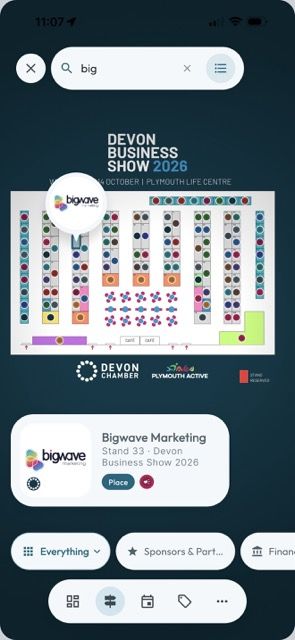 Searching the Devon Business Show 2026 floor plan in Mapzest for Bigwave Marketing