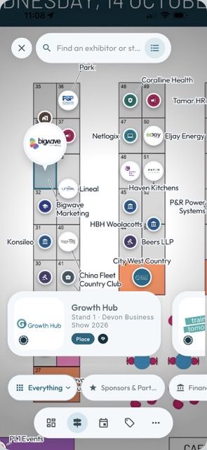 A zoomed-in view of the Devon Business Show 2026 floor plan in Mapzest showing exhibitor logos on their stands with name labels