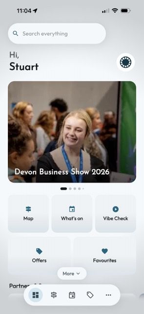 The Devon Business Show 2026 home screen in Mapzest with Map, What's on, Vibe Check, Offers and Favourites shortcuts