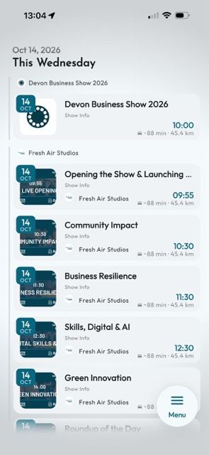 The Devon Business Show 2026 podcast line-up in Mapzest listing sessions from the Opening the Show at 09:55 through to Green Innovation