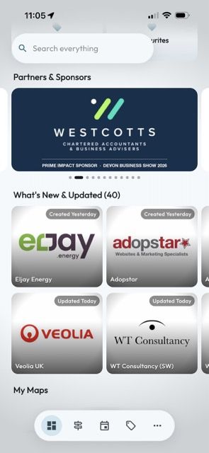 The Devon Business Show 2026 home screen in Mapzest with partner and sponsor banners and a What's New and Updated list of exhibitors