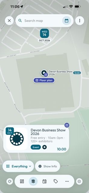 The Mapzest map of Plymouth showing the Devon Business Show 2026 marker at the Life Centre with a Floor plan button and the event card