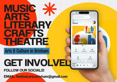 The F.A.B. Festival of Arts Brixham poster - Music, Arts, Literary, Crafts, Theatre - with the festival's home screen in the Mapzest app on a phone