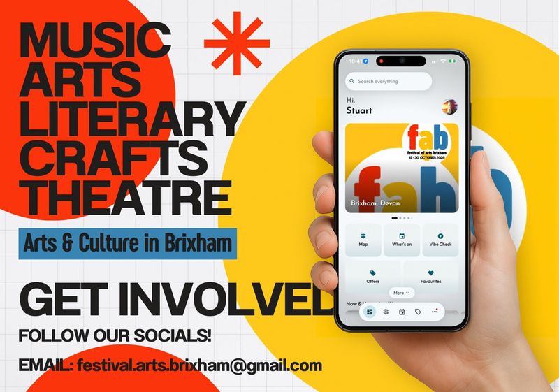 The F.A.B. Festival of Arts Brixham poster - Music, Arts, Literary, Crafts, Theatre - with the festival's home screen in the Mapzest app on a phone