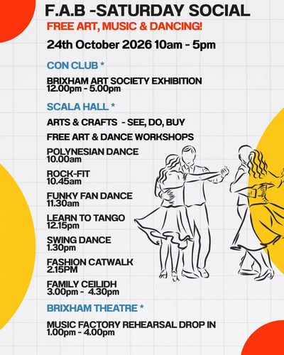 The F.A.B. Saturday Social programme page for Saturday 24 October 2026 at the Scala, Brixham