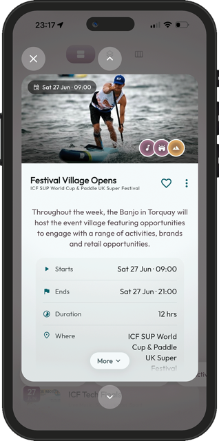 The festival village listing for the ICF SUP World Cup and SUPER Festival at The Banjo, Torquay, in the Mapzest app