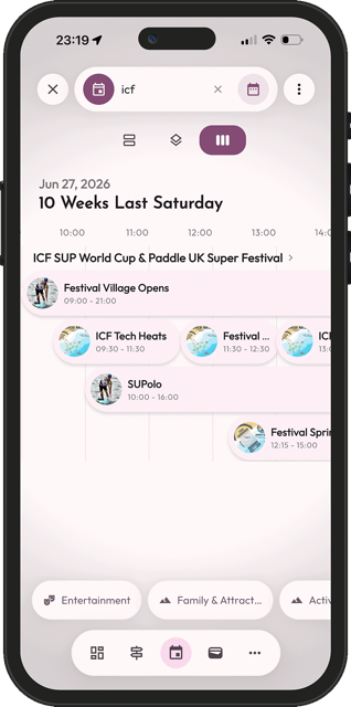 A timeline view of overlapping ICF SUP World Cup and SUPER Festival races and sessions in the Mapzest app