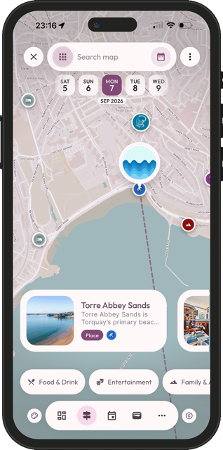 A map of the ICF SUP World Cup and SUPER Festival venues around Torquay in the Mapzest app