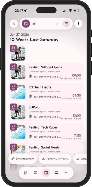 The full day's schedule for the ICF SUP World Cup and SUPER Festival as a list in the Mapzest app