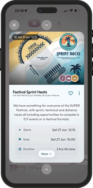 The Festival Sprint Heats listing for the SUPER Festival in the Mapzest app