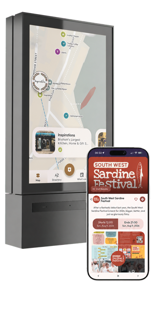 Mapzest shown across a digital kiosk and the mobile app