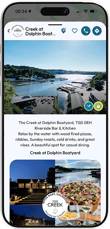 Creek at Dolphin Boatyard restaurant listing in the Mapzest app