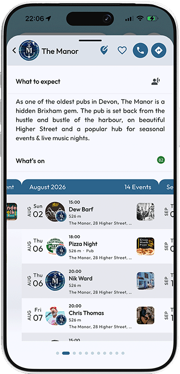 The Manor pub listing with upcoming events in the Mapzest app