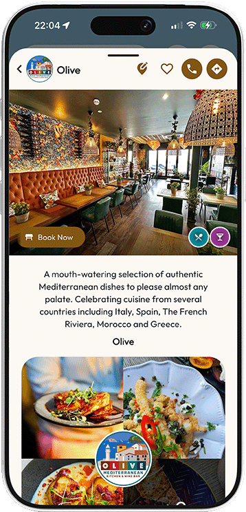 Olive restaurant listing in the Mapzest app