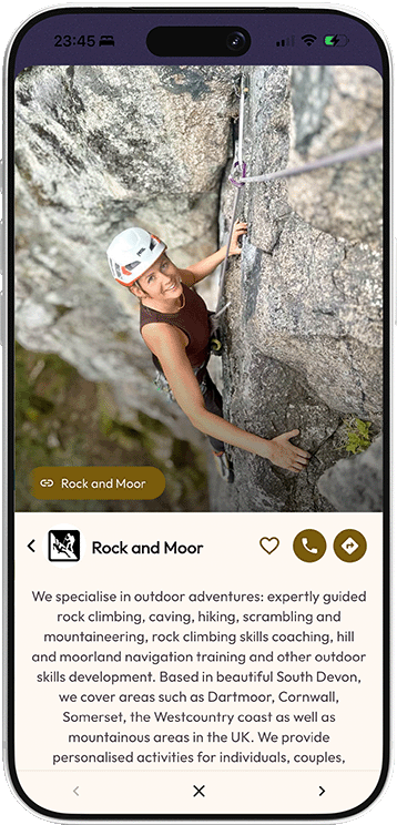 Rock and Moor outdoor activities listing in the Mapzest app