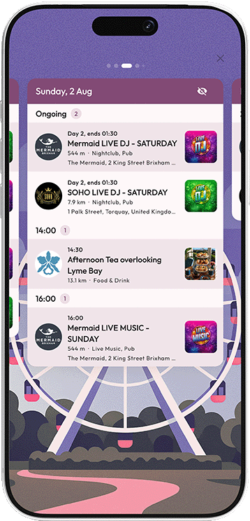 Live "What's on" events schedule in the Mapzest app