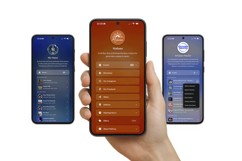 Three phones showing branded Mapzest Connect pages