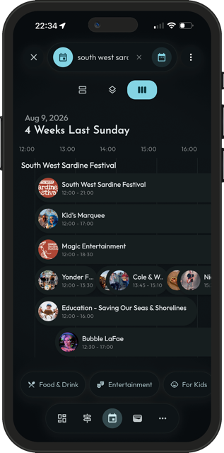 A timeline view of the South West Sardine Festival's day, showing overlapping performances and talks