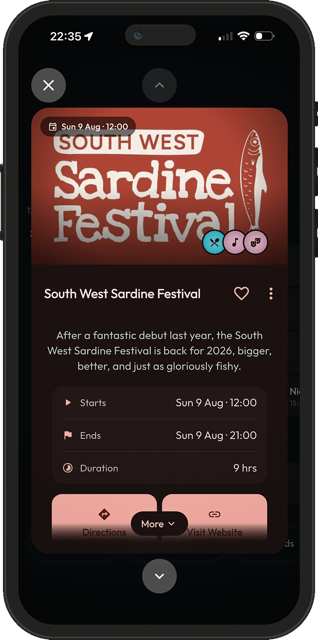 The South West Sardine Festival's main event listing in the Mapzest app, showing its dates, hours and directions