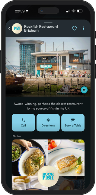Rockfish Restaurant's sponsor listing at the South West Sardine Festival in the Mapzest app, with photos and quick actions