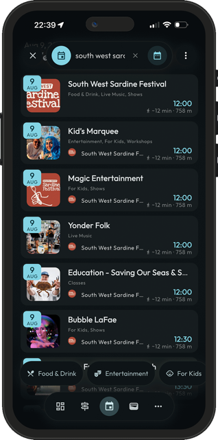 The South West Sardine Festival's full day schedule as a filterable list in the Mapzest app
