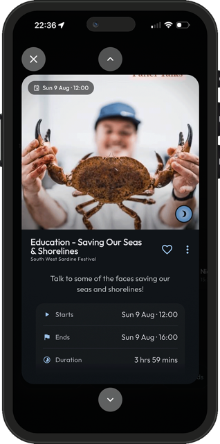 The "Saving Our Seas & Shorelines" sustainability talks listing at the South West Sardine Festival in the Mapzest app